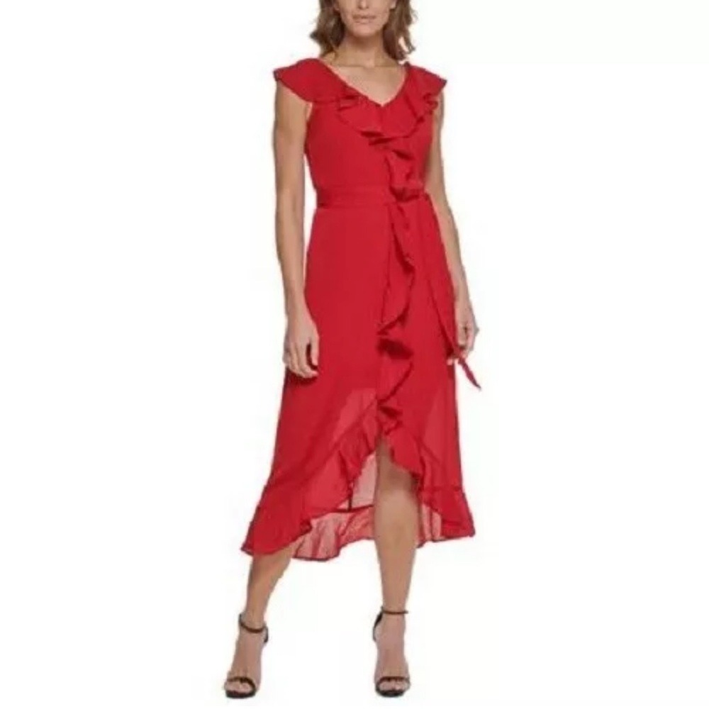 DKNY Sleeveless Ruffled Midi Dress Scarlet Size 8 
$129